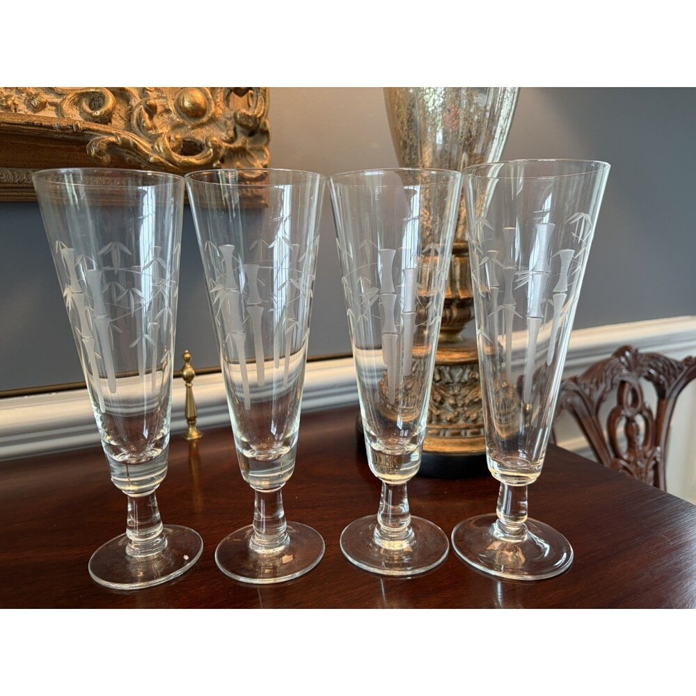 Vintage Noritake Sasaki Bamboo Etched Crystal Pilsner Glasses Set-4-8.5” Ex Cond
